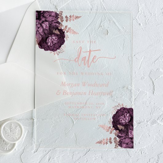 Lila Rose Gold Floral Wedding Save the Date Acryleinladungen
