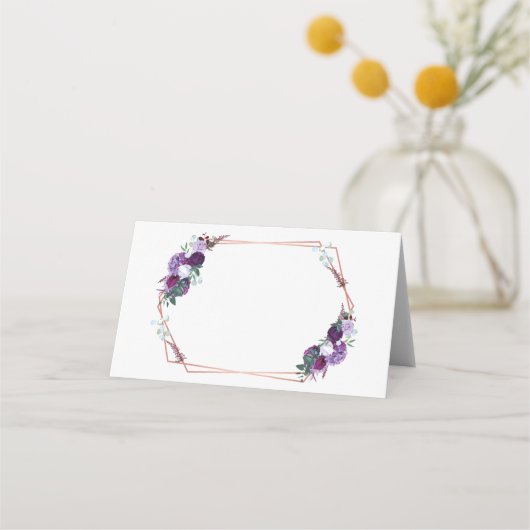 Lila Rose Gold Geometric Frame Wedding Platzkarte (Vorderseite)