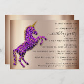 Lila Rose Gold Glitzer Einhorn Einladung (Vorne/Hinten)