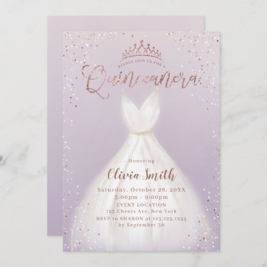Lila Rose Gold Glitzer Kleid quinceañera Einladung (Vorne/Hinten)