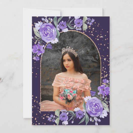 Lila Rose Goldmedaille Prinzessin Quinceanera Einladung (Rückseite)