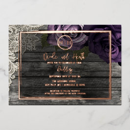 Lila Rose Grau Wood & Lace Rustikale Hochzeit Folieneinladung