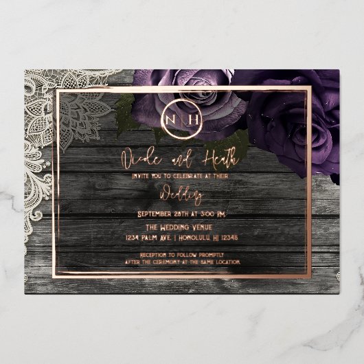 Lila Rose Grau Wood & Lace Rustikale Hochzeit Folieneinladung (Vorderseite)