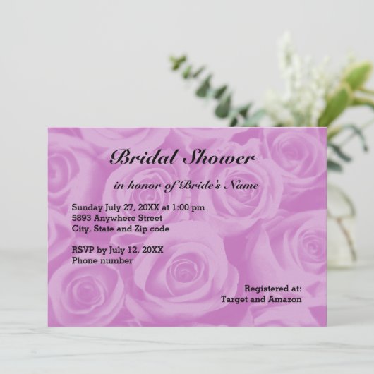 Lila Rose Hintergrund Brautparty laden ein Einladung (Stehend Vorderseite)