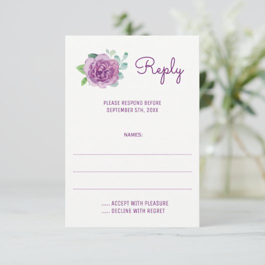 Lila Rose Hochzeitkarten für Wasserfarben RSVP Karte (Stehend Vorderseite)