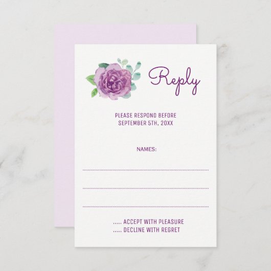 Lila Rose Hochzeitkarten für Wasserfarben RSVP Karte (Vorne/Hinten)