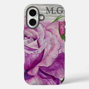 Lila Rose Monogramm aus rustikalem Holz iPhone 16 Hülle