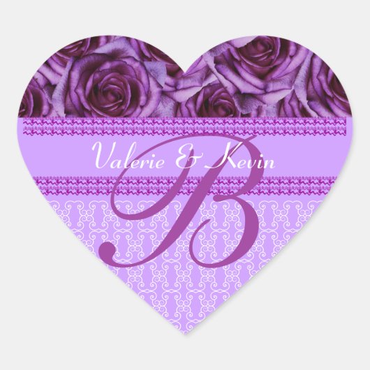 Lila Rose Monogramm Letter B Hochzeitsticker Herz-Aufkleber (Vorderseite)