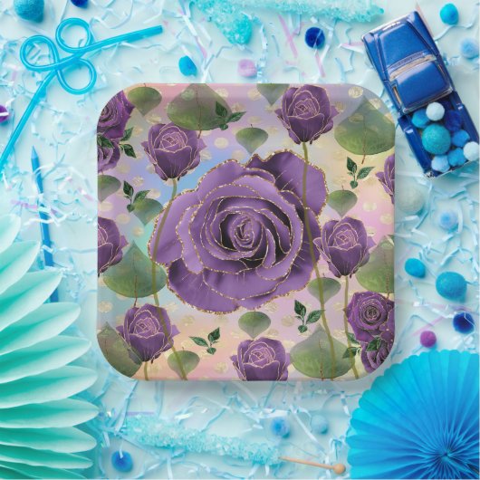 Lila Rose Papier Teller mit Imitate Gold Trimm (Party)