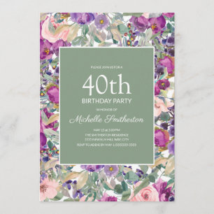 Lila Rosé Pink Floral Salbeigrün 40. Geburtstag Einladung
