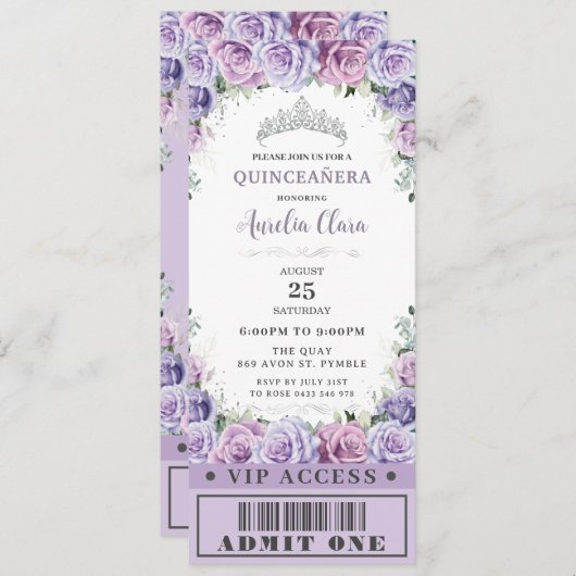 Lila Rose Quinceañera Sweet 16 VIP Ticket Einladung (Vorne/Hinten)