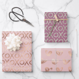 Lila Rosé Rotgold Silber XOXO Geschenkpapier Set