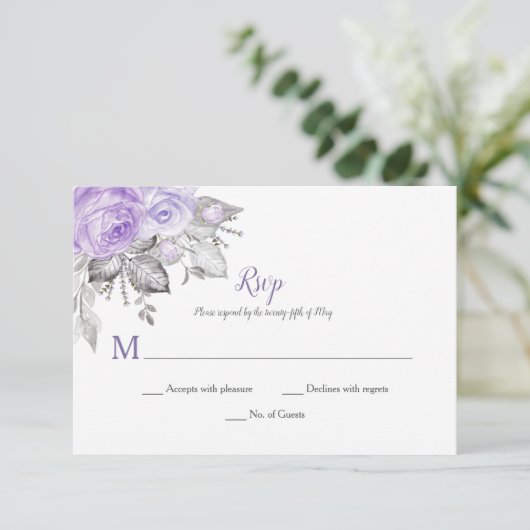 Lila Rose Silberne Blätter - Weiß - Hochzeit | RSVP Karte (Stehend Vorderseite)
