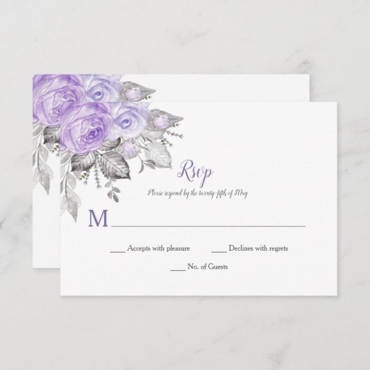 Lila Rose Silberne Blätter - Weiß - Hochzeit | RSVP Karte (Vorne/Hinten)