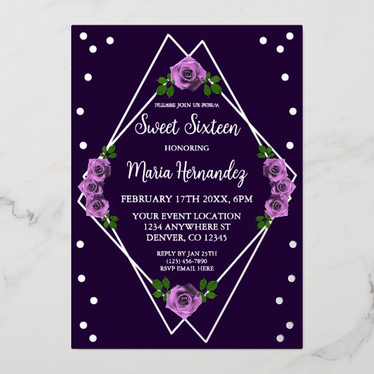 Lila Rose Silver Geometric Sweet 16 Folieneinladung (Vorderseite)