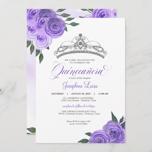 Lila Rose Silver Tiara Quinceañera Birthday Inv Einladung (Vorne/Hinten)