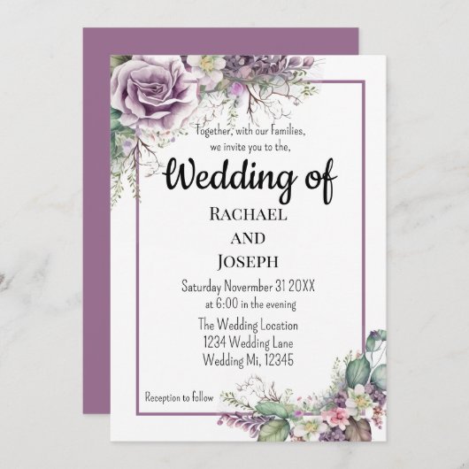 Lila Rose und Eucalyptamination Einladung (Vorne/Hinten)