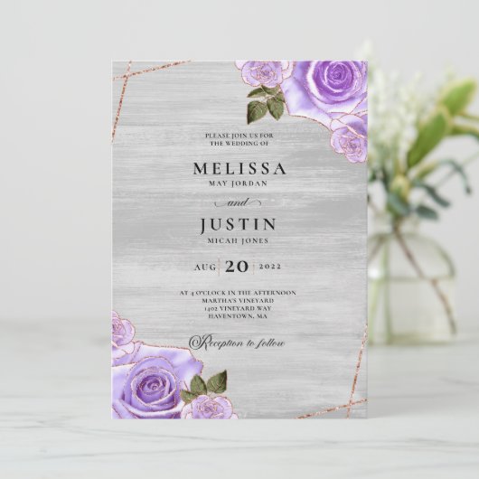 Lila Rose und Glitzer Holzwolle Einladung (Stehend Vorderseite)