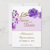 Lila Rose und Gold Leaf Quinceanera Foto Save The Date (Vorderseite)