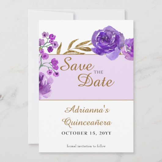Lila Rose und Gold Leaf Quinceanera Foto Save The Date (Vorderseite)