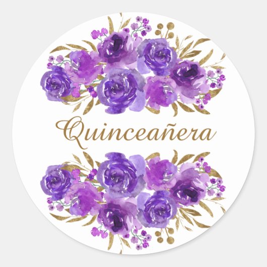 Lila Rose und Gold Leaf Quinceanera Runder Aufkleber (Vorderseite)