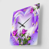 Lila Rose und Herz Quadratische Wanduhr (Winkel)