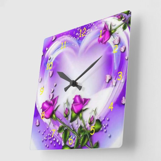 Lila Rose und Herz Quadratische Wanduhr (Winkel)