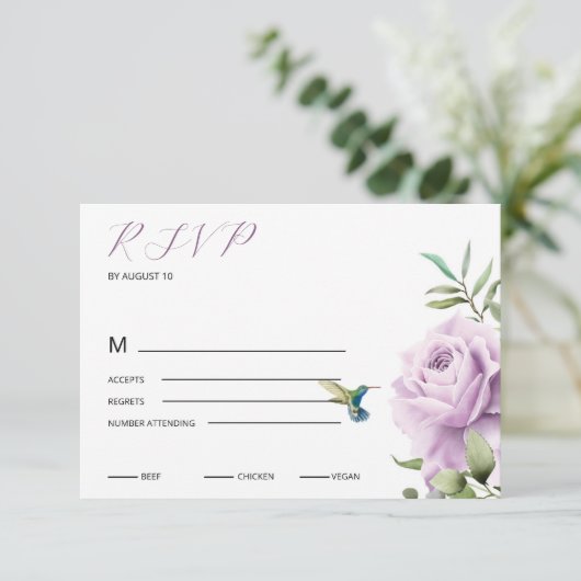 Lila Rose und Hummingbird RSVP Karte (Stehend Vorderseite)