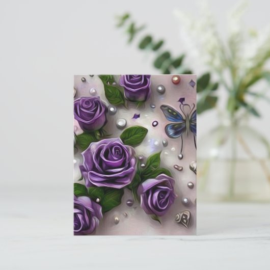 Lila Rose und Perlen Postkarte (Stehend Vorderseite)