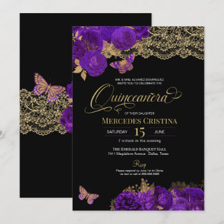 Lila Rose und Schmetterling Quinceañera Invita Einladung
