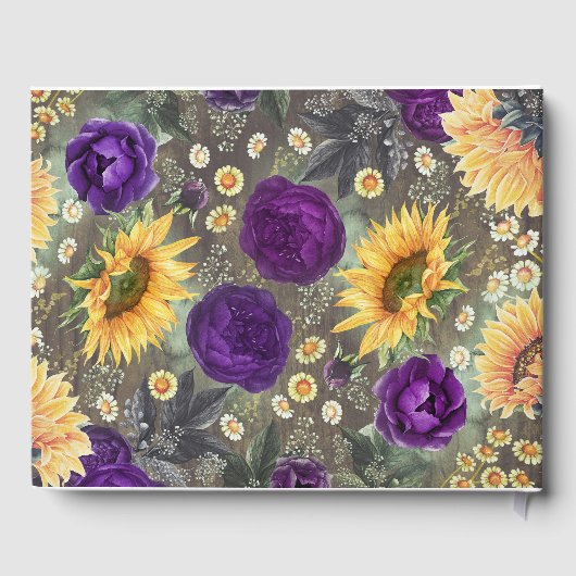 Lila Rose und Sonnenblumen Rustikale Hochzeit im H Gästebuch (Rückseite)