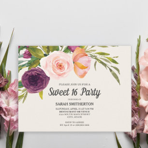 Lila Rosé Wasserfarben-Blumen Elfenbein Sweet 16 Postkarte