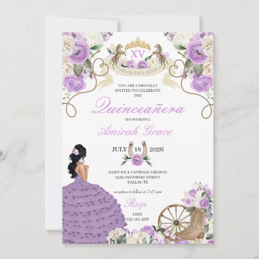 Lila Rose Western Charro Cowgirl Quinceañera Einladung (Vorderseite)
