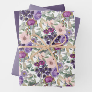 Lila Roséfarbenes Blumenmuster Geschenkpapier Set