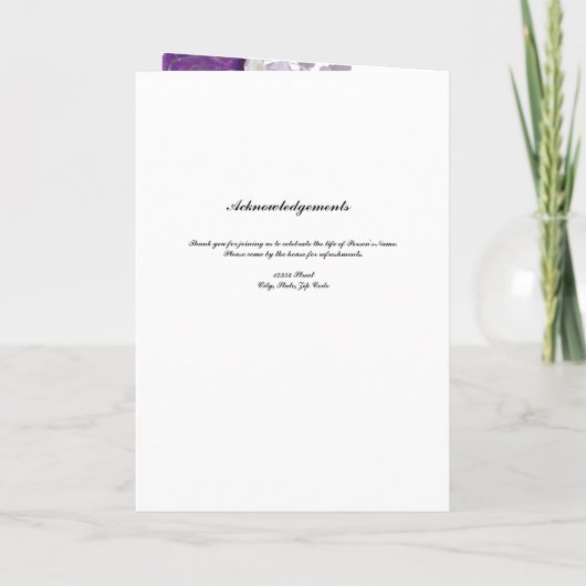 Lila Rosen-Begräbnis-Programm Programm (Rückseite)