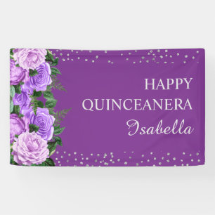 Lila Rosen Blumen Glitter Glückliche Quinceañera Banner