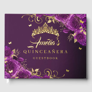 Lila Rosen-Blumen-Swirbel Quinceanera Gold Gästebuch