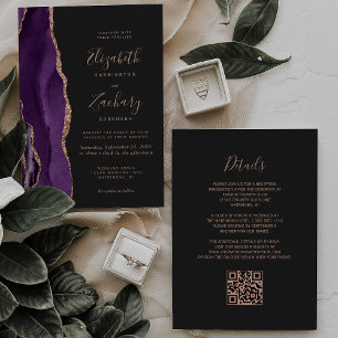 Lila Rosen-Gold-Achat-Dunkler QR-Code-Hochzeit Einladung