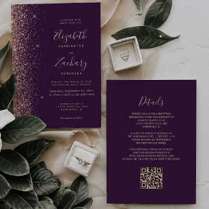 Lila Rosen-Gold-Glitterrand QR-Code Hochzeit Einladung