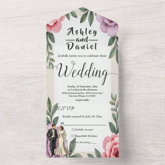 Lila Rosenblütenhochzeit All In One Einladung (Innen Boden)