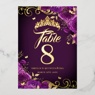 Lila Rosenwirbel Quinceanera Gold Tischzahl Folieneinladung