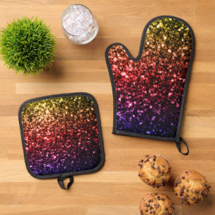 Lila Rot-Gelb-Regenbogen-Imitate Glitzer Glitzern Ofenhandschuh & Topflappen-Set