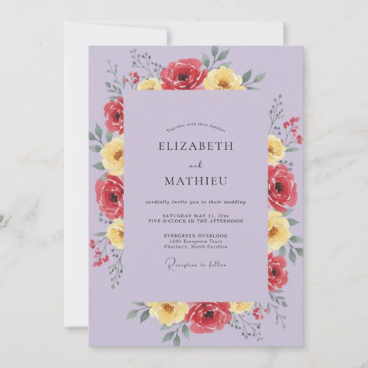 Lila-rote Mohn-Hochzeit Einladung (Vorderseite)