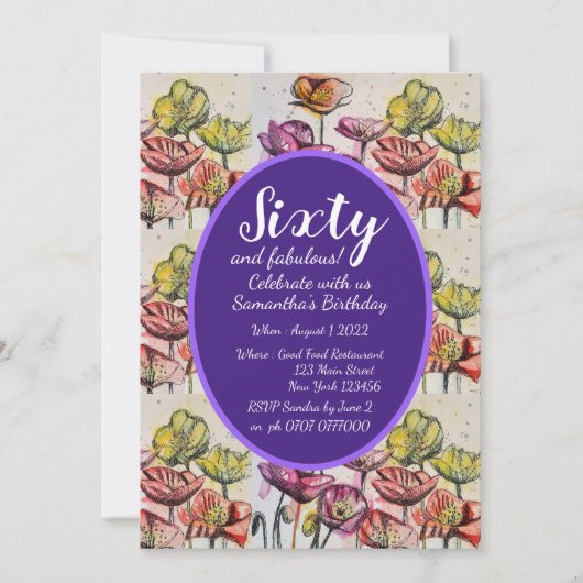 Lila Rote Mohnblume 60. Geburtstagsfeier Einladung (Vorderseite)