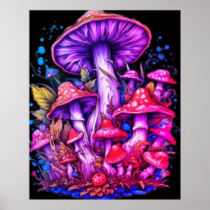Lila + Rote Pilze schwarzer Hintergrund an einer W Poster
