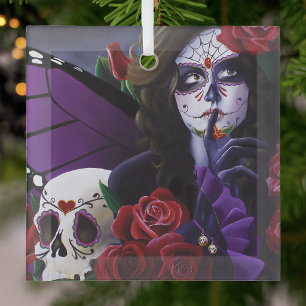 Lila rote Rosen Zucker-Schädel-Fee Tag der Toten Ornament Aus Glas