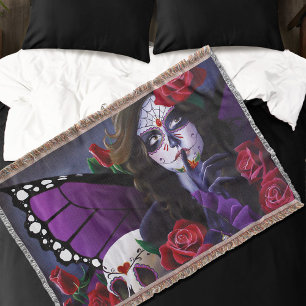 Lila Rote Rosen Zucker Schädel Fee Tag Tote Decke