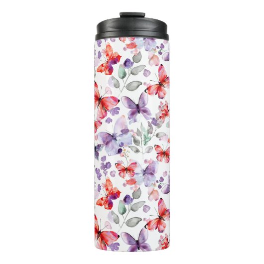 Lila rote Schmetterlinge Thermosbecher (Vorderseite)