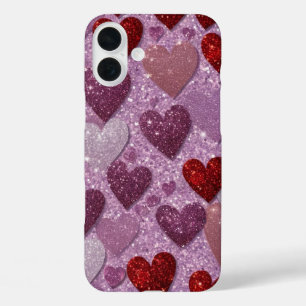 LILA ROTER SILVER GLITZER SEHEN VALENTINE HERZEN iPhone 16 PLUS HÜLLE