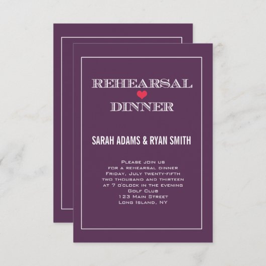 Lila rotes Herz-Hochzeits-Proben-Abendessen lädt Einladung (Vorne/Hinten)